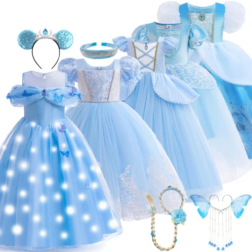 Vestido de Cinderela LED para meninas, cosplay