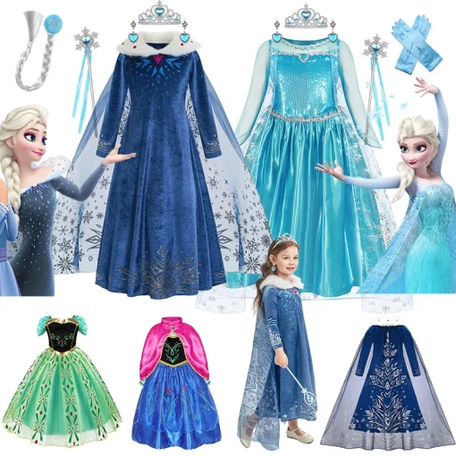 Vestido de fantasia para meninas Frozen Elsa Azul