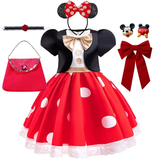 Vestido para Cosplay de Minnie Mouse para meninas, 2 a 10 anos, vestido e casaco para festa de Halloween