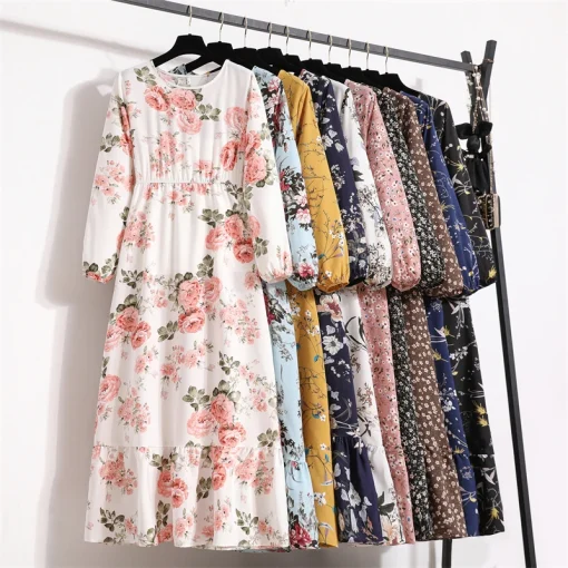 Vestidos Maxi Estampados Florais Casuais Manga Longa Verão Primavera Mulher